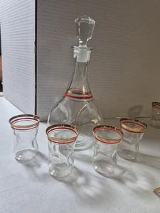 Vintage 1950s Anchor Hocking Pinched Glass Gold Rimmed Shot Glasses And Decanter - Picture 1 of 4