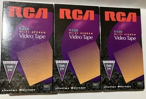 Confezione 3 Videocassette VHS Hi-Fi Stereo RCA T-120 Vuote Sigillate in Fabbrica - Foto 1 di 2