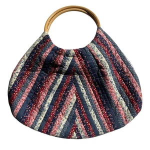 Vintage Quilted Purse – Multicolor Floral Stripe, Unbranded, Wooden Handle - Picture 1 of 6