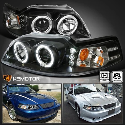 Fits Black 1999-2004 Ford Mustang LED Halo Projector Headlights Lamps Left+Right - Image 1 of 4