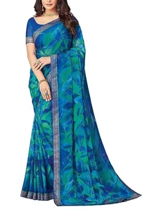 Damen Bedruckter Chiffon Sari Sari mit Ungestepptem Blusenteil Blau Multi - Bild 1 von 4