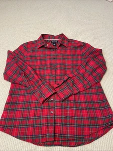 LANDS’ END Womens 8 Petite Red Tartan Plaid Button Down Flannel Holiday - Picture 1 of 4