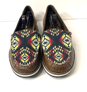 Women's Moc Toe Size 9 Myra Brown Scrolled Leather Slip-Ons Aztec Pattern NWOT - Picture 1 of 8