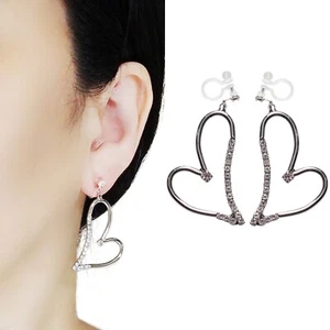 Pendientes colgantes grandes de corazón plateado con clip invisible con gota de cristal de estrás - Imagen 1 de 11