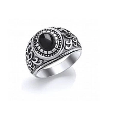 Da Uomo Argento Sterling Anello Sigillo Set Con Ovale Nero Onice - Modelli - Immagine 1 di 4