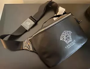 Versace Parfums Black Belt Bag Travel Mens Unisex Black Silver Accents Medusa - Picture 1 of 8