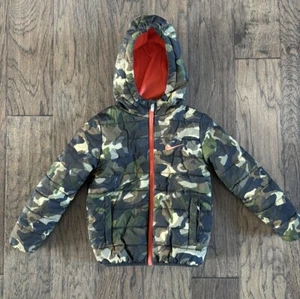 Nike Puffer Coat Army Camo Hood Orange Swoosh Full Zip Coat, Youth 4 - Picture 1 of 4