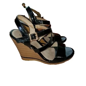 Kayleen Lackleder Keilabsatz Sandalen gestapelte Absätze schwarz Größe 8,5 - Bild 1 von 4