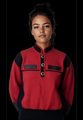 Suéter vintage años 80 Lillie rubí rojo y negro (acentos de cuero) ¡Manga larga! Foto 1 de 4