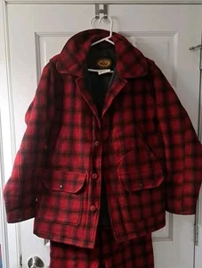 VTG Woolrich Wool Suit 2 Pc Set Red/Black Plaid Hunt Coat Med/Pants 36 USA EUC - Picture 1 of 13