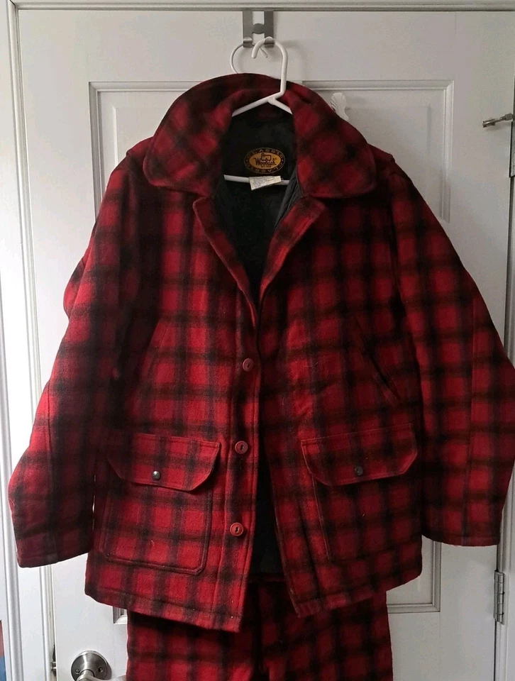 VTG Woolrich Wool Suit 2 Pc Set Red/Black Plaid Hunt Coat Med/Pants 36 USA EUC - Image 1 of 4