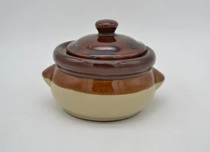 Vintage Stoneware Pottery Individual Bean Soup Pot with Lid Triple Tone Brown 6" - Picture 1 of 6