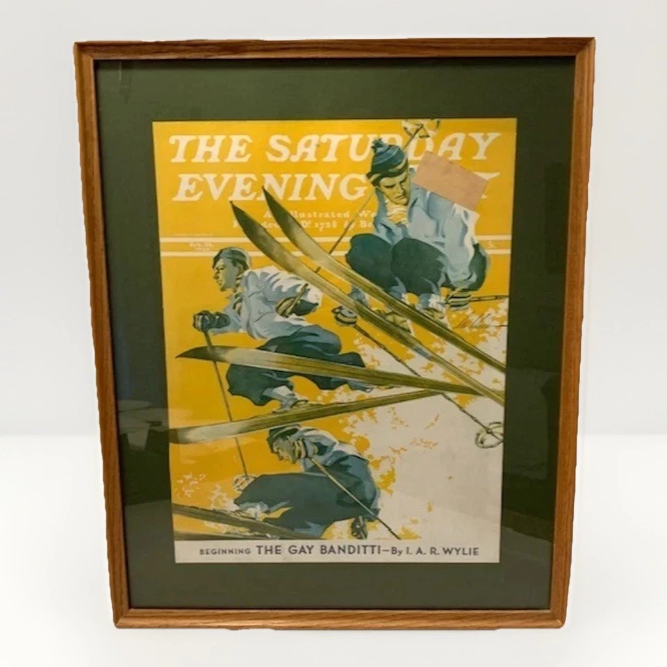 Arte de esqui original vintage pós-noite 1930 raro emoldurado chalé loja gay Banditti - Imagem 1 de 4