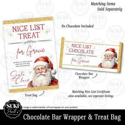 SUKI PRINTS Personalised Santa's Nice List Gift. Chocolate Bar Wrapper, Treat Crisp Bag