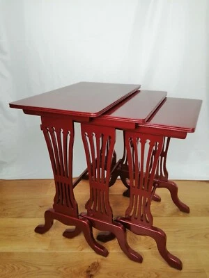 RECLAIMED RED NEST of 3 TABLES Professional Sprayed Red Burgurdy Metallic Paint  - Image 1 of 4