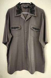 DRAGONFLY Clothing Co Button Up Shirt Mens XL Gray Embroidered Black Flames NWOT - Picture 1 of 10