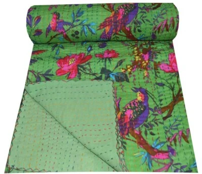 Indian Handmade Bird Print Kantha Quilt Twin Green Bedding Bedspread Throw Quilt - Image 1 of 4