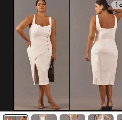 Nuevo con etiquetas Vestido Grande Anthropologie Marfil Cuello Cuadrado Mezcla de Lino Botones Envolvente Foto 1 de 4