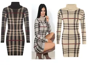 NEU DAMEN LANGARM POLOKRAGEN SCHOTTENMUSTER KARIERT STRICK FIGURBETONT PULLOVER TUNIKA KLEID - Bild 1 von 3