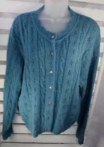Northern Reflections Size M Blue Cable Knit Cardigan Sweater Heart Buttons USA - Picture 1 of 5