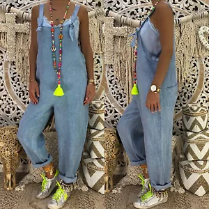 Damen Lockere Denim Latzhose Freizeit Jeans Jumpsuits Hose Strampler Overall Größe - Bild 1 von 7