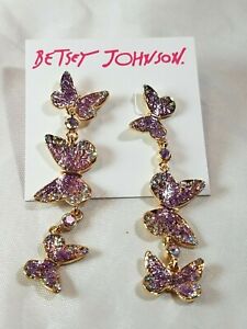 NWT Betsey Johnson Lavender/Pink Crystal Butterfly Earrings 2.5" 