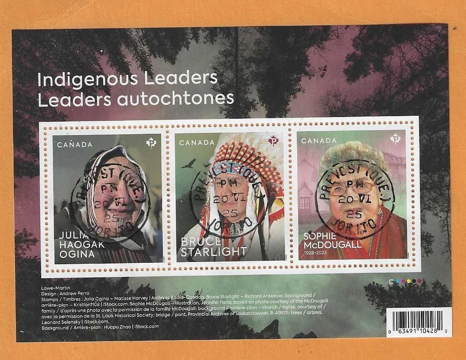 2025 Indigenous Leaders Souvenir sheet CDS Cancel USED - Image 1 of 1