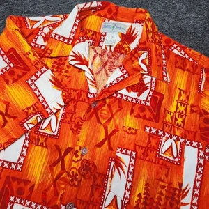 Camisa hawaiana vintage Hukilau Fashions Honolulu Hawaii tela de corteza naranja grande - Imagen 1 de 7