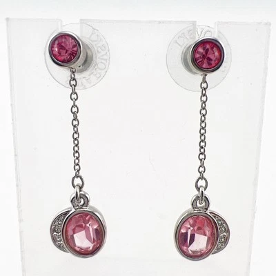 Juego de Pendientes Swarovski Cristal Rosa Colgantes 2 en 1 Firmado Cisne Tono Plata Foto 1 de 4