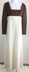 Vestido Vintage Años 70 Leslie J Maxi Empire Cintura LS Marrón/Blanco Hecho en Unión Poliéster - Imagen 1 de 9