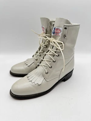 VTG Justin Lace-R Womens Roper Boots Size 6.5 B Pearl Luster Kiltie L519 USA - Image 1 of 4