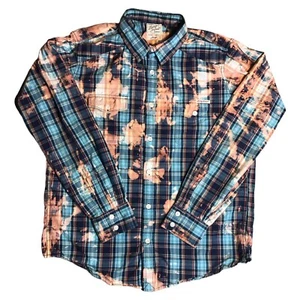 Lucky Brand Western Plaid Shirt Acid Wash Tie Dye Blue Mens Tag Large - Picture 1 of 9