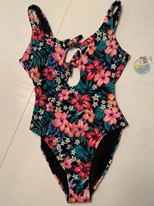 NWT Island Soul One Piece Swimsuit Sz S Black Neon Floral Print Tie Front Bathin - Picture 1 of 6