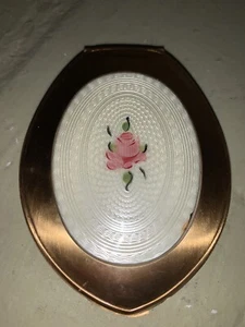 Vtg Elgin American Hand Painted Cloisonné Enamel Compact Mirror Powder Lipstick - Picture 1 of 10