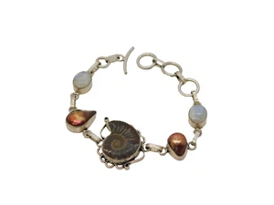 Sterling Silver, Moonstone, Pearl & Ammonite Panel Bracelet Vintage c1980 - Picture 1 of 5