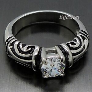Women's Vintage AAA Round Cut CZ Solitaire Stainless Steel Engagement Ring