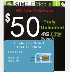 Simple Mobile Preload 1st month $50 Truly Unlimited Data Plan (T-mobile Network) - Picture 1 of 4