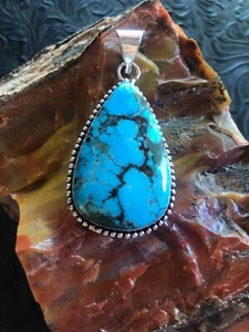 Deep Blue Turquoise Teardrop Pendant 2" Cherry Chocolate Web Artisan Southwest - Picture 1 of 3