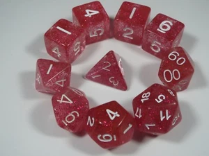RPG Dice 10pc - Glitter Hot Pink - 1 @ D4 D8 D10 D12 D20 D00-10 & 4 D6 - Picture 1 of 8