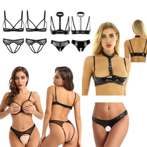 Women Sheer Mesh Lingerie Set Exposed Bare Breast Bra Top with Crotchless Briefs - Picture 1 of 31
