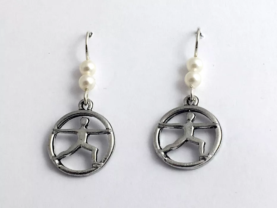 Pewter & sterling silver yoga warrior pose dangle earrings- Virabhadrasana II - Image 1 of 1