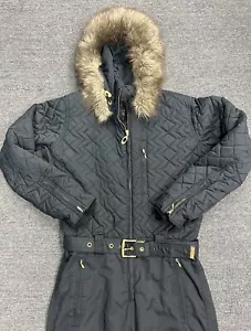 Obermeyer Ski Suit US 8 One Piece Detachable Hood w Fur Trim Black Gold Hardware - Picture 1 of 9