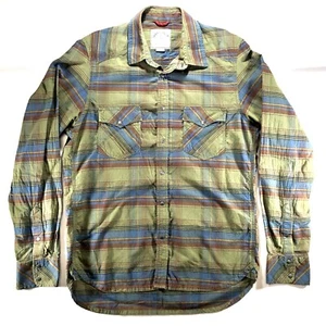 Iron & Resin Shirt Mens Large Green Blue Plaid Snap Button Western Cowboy Surfer - Picture 1 of 8