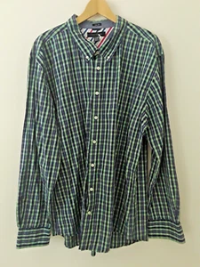Tommy Hilfiger Shirt Mens XXL Green Blue Plaid Button Up Slim Long Sleeve Cotton - Picture 1 of 7