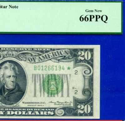 1934A $20 Federal Reserve Note New York Star PCGS 66PPQ gem star Fr 2055-B* - Image 1 of 3