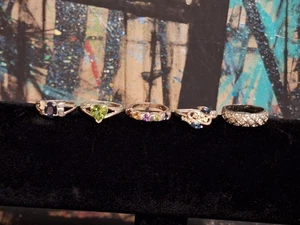Lot Of 5 Silver Tone Rings, Multicolor, Unknown Stones - Picture 1 of 14