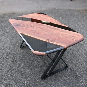 Live edge black Walnut epoxy resin computer table in black theme, 5 feet - Picture 1 of 8