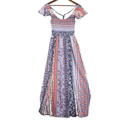 American Rag M пэчворк со сборками макси платье с плеча трепетать рукав богемное - Изображение 1 из 4