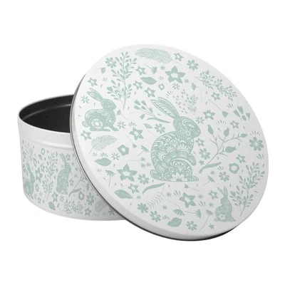 Wild Rabbits & Flowers Large Cake Tin - Green Round Metal Storage Baking Gifts - Image 1 of 4
