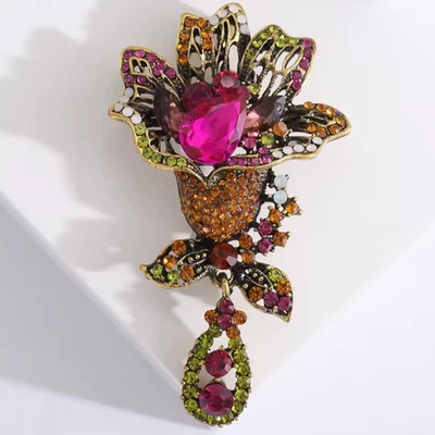 Broche Flor Vintage Tono Dorado Floral Pin Estrás Planta Joyería, Regalo Verano Foto 1 de 4